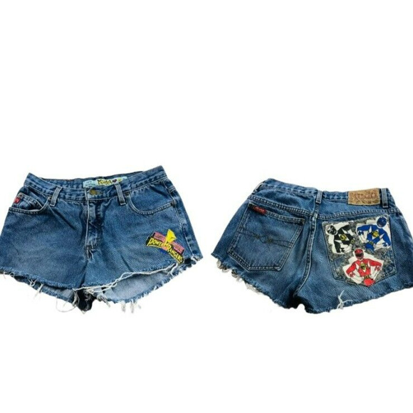 Mudd Jeans Womens Power Rangers Denim Shorts Embroidered Patches Blue Size 7 - Picture 1 of 8